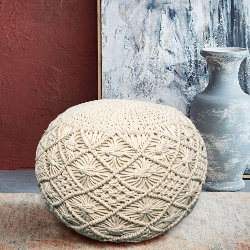 LIVINPARADISE | Macrame Designer Hand knitted Pouf or Ottoman | Home Decor| Beautiful Work Art| Handmade Woven  | Natural Colour | 12X20