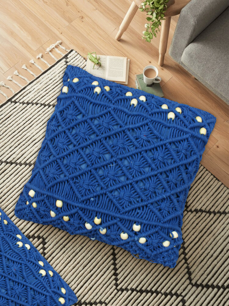 LIVINPARADISE | Macrame Cushion Cover | Woven Boho | Home Décor | Beautiful Work Art | Room Bed Sofa Couch Car | Handmade Woven Tapestry |Navy blue with wooden beads