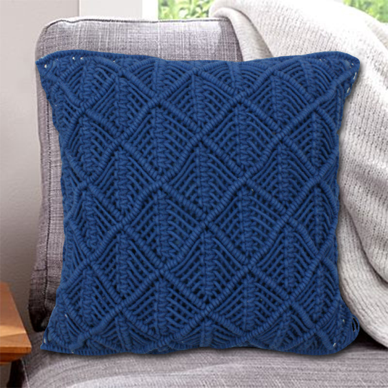 LIVINPARADISE | Macrame Cushion Cover | Woven Boho | Home Décor | Beautiful Work Art | Room Bed Sofa Couch Car | Handmade Woven Tapestry |Navy blue