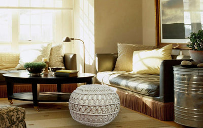 LIVINPARADISE | Macrame Designer Hand knitted Pouf or Ottoman | Home Decor| Beautiful Work Art| Handmade Woven  | Natural Colour | 12X20