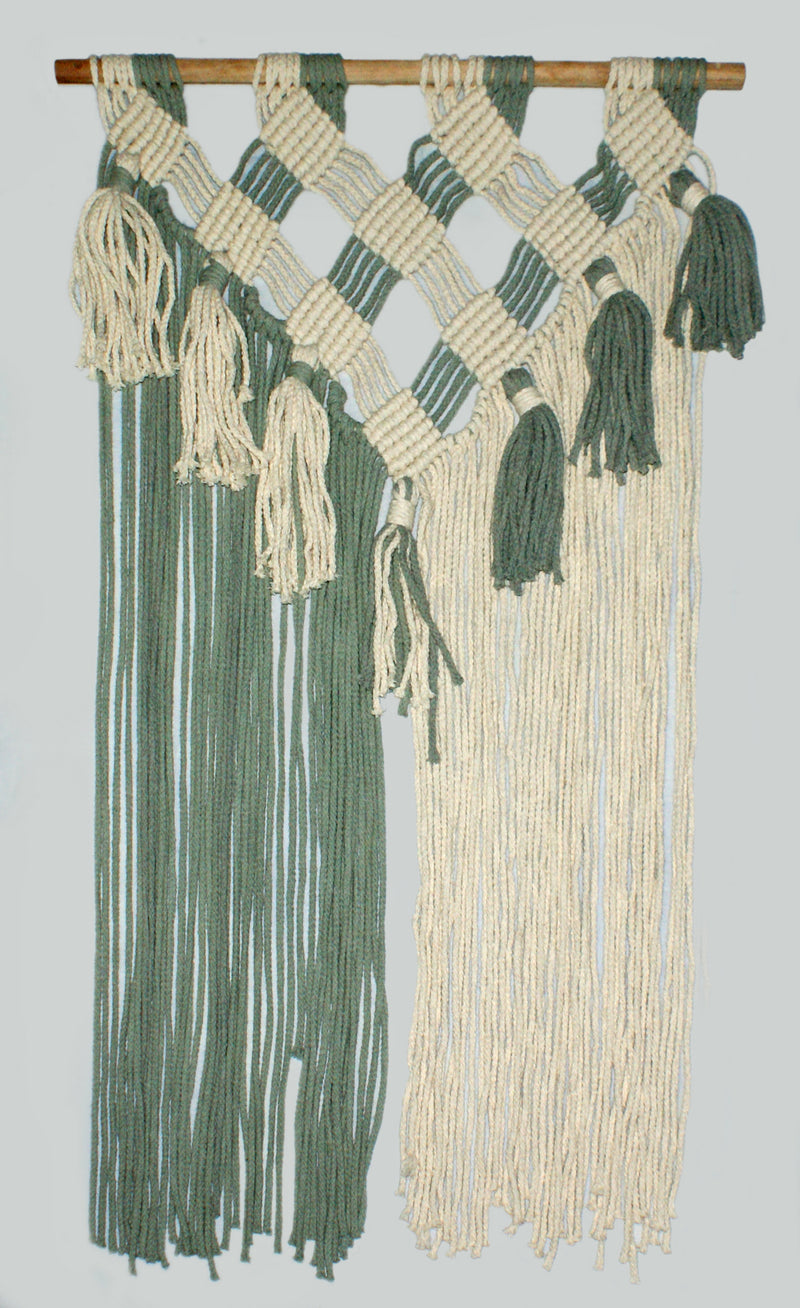 LIVINPARADISE | Macrame Wall Hanging | Woven Boho Chic Wall Décor | Beautiful Art | Handmade Woven Tapestry | Natural Colour & Teal Green Strip | 18x32 Inch