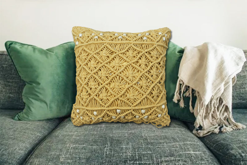 LIVINPARADISE | Macrame Cushion Cover | Woven Boho | Home Décor | Beautiful Work Art | Room Bed Sofa Couch Car | Handmade Woven Tapestry |Yellow/Mustard