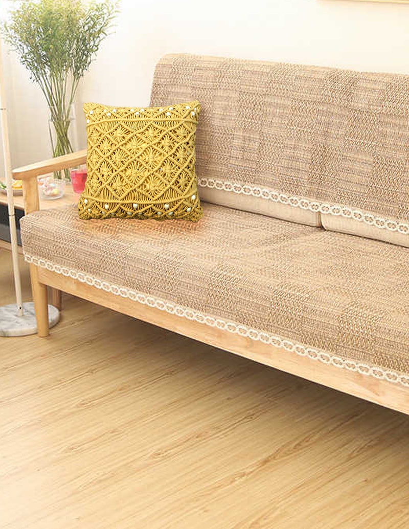 LIVINPARADISE | Macrame Cushion Cover | Woven Boho | Home Décor | Beautiful Work Art | Room Bed Sofa Couch Car | Handmade Woven Tapestry |Yellow/Mustard