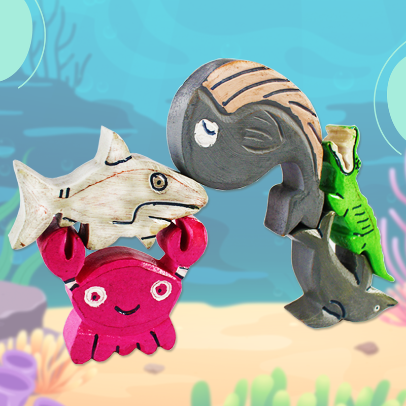 Water World – 5 Wooden Sea Animals with Flashcards for kids 1+