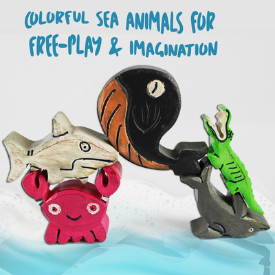 Water World – 5 Wooden Sea Animals with Flashcards for kids 1+