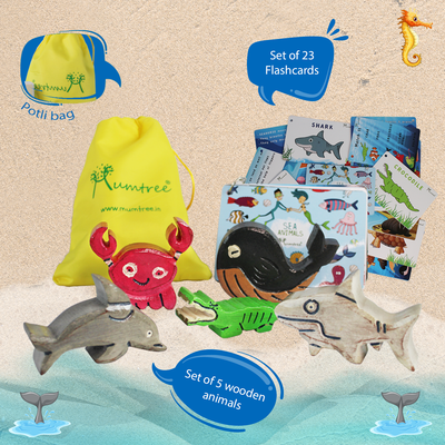 Water World – 5 Wooden Sea Animals with Flashcards for kids 1+