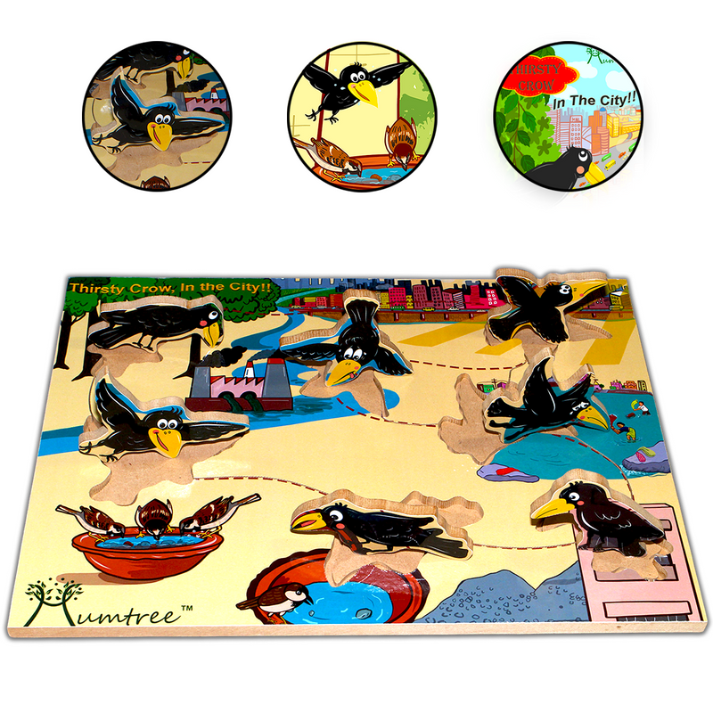 Livinparadise Thirsty Crow in the City – Wooden Story Puzzle for kids 2-5 Years