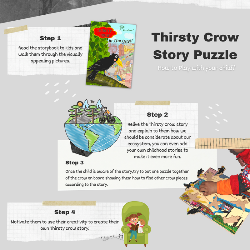 Livinparadise Thirsty Crow in the City – Wooden Story Puzzle for kids 2-5 Years