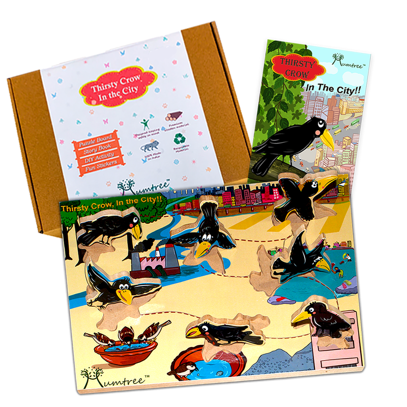 Livinparadise Thirsty Crow in the City – Wooden Story Puzzle for kids 2-5 Years