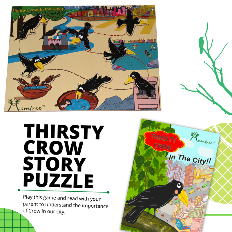 Livinparadise Thirsty Crow in the City – Wooden Story Puzzle for kids 2-5 Years
