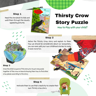 Livinparadise Thirsty Crow in the City – Wooden Story Puzzle for kids 2-5 Years