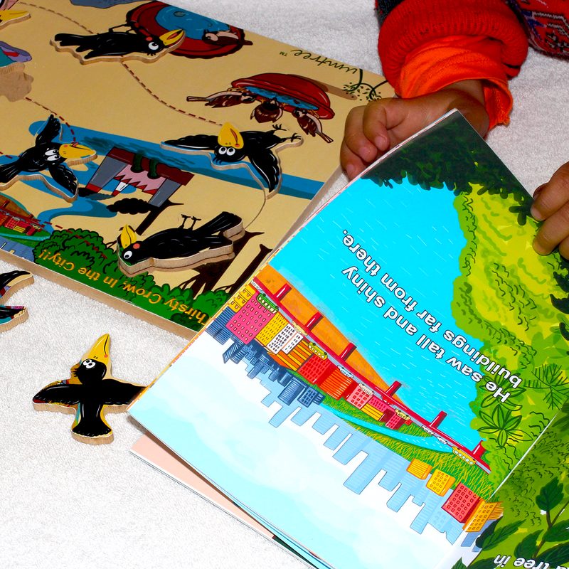 Livinparadise Thirsty Crow in the City – Wooden Story Puzzle for kids 2-5 Years